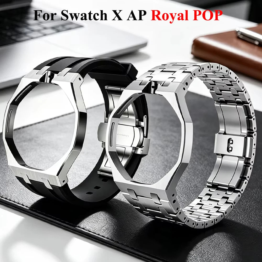 Stainless Steel Case Silicone Strap For Swatch X AP Royal POP Man Luxury Pocket Watch Transformation Wristwatch Modification Kit